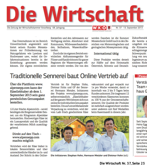 Alpen Sepp in "Die Wirtschaft" Nr. 37 vom 13. September 2013