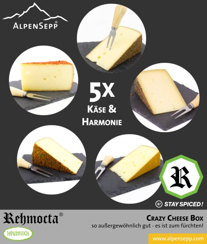 REHMOCTA® Käsebox CRAZY CHEESE mit 5x Käsesorten - Ehni, Ähle, Dätta, Peppino & der Bärige | 1 kg