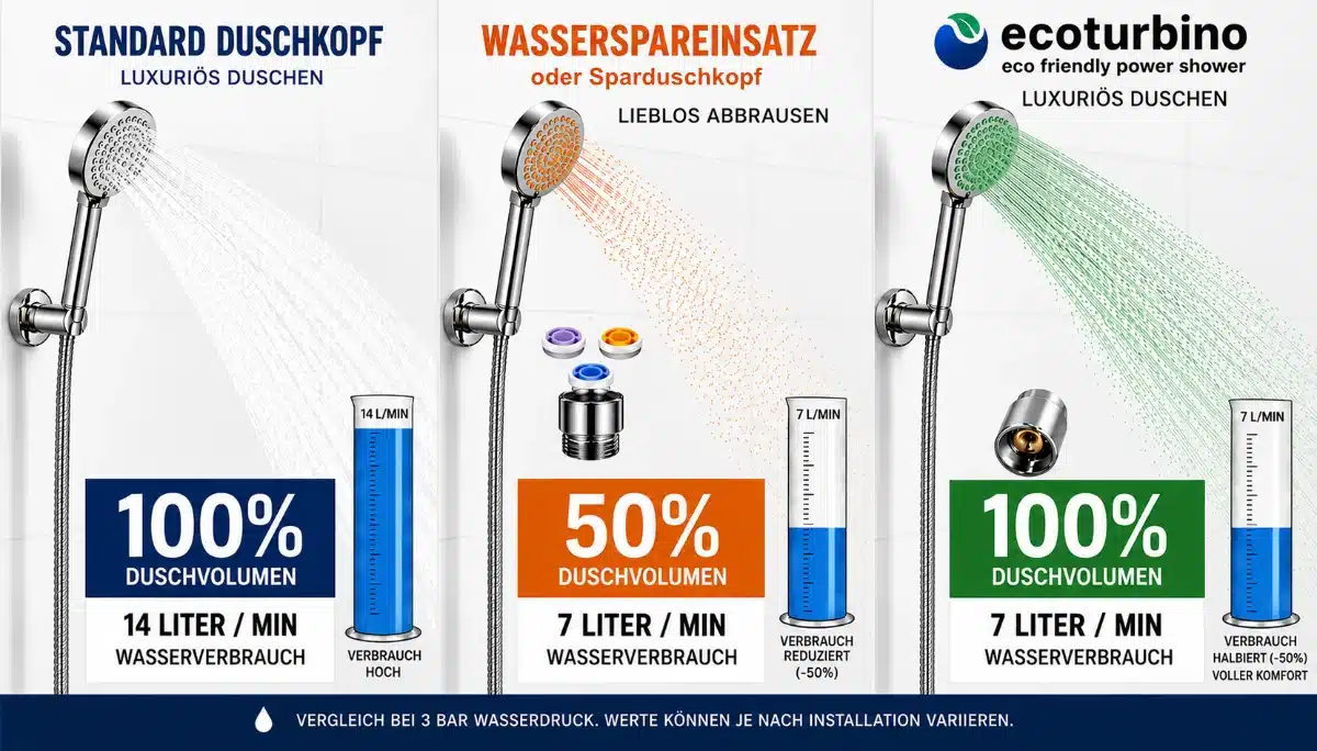 Wasser Spar Tipp: ecoturbino SPA-Optimierer für Duschen | 40-50% Duschwasser sparen beim Duschen | ca. € 110 pro Person und Jahr im Haushalt 8 ecoturbino - halber Wasserverbrauch bei vollem Duschgenuss für alle Menschen