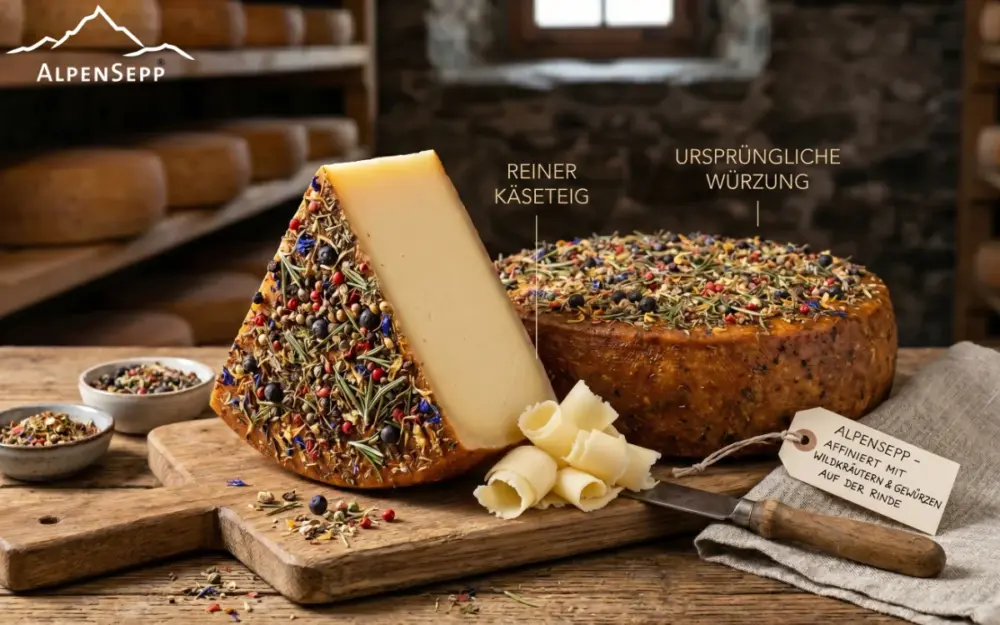 Käse Affinieren bei AlpenSepp | nur die Rinde wird mit Gewürzen veredelt - der Käseteig bleibt rein
